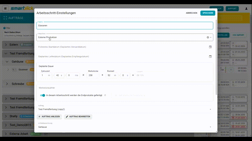 Konfiguration von Versand- und Empfangsdaten für Externe Produktion